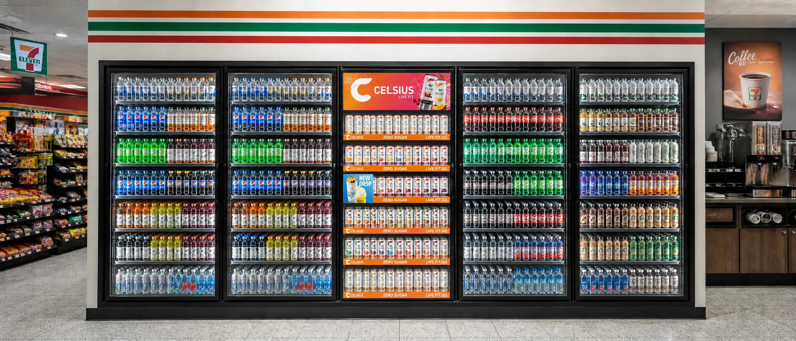 The same five-door 7-Eleven cold vault as a full Celsius campaign: forward-faced branded cans, shelf-edge talkers, burst violators, translucent door clings and an illuminated LIVE FIT header across all five freezer sections