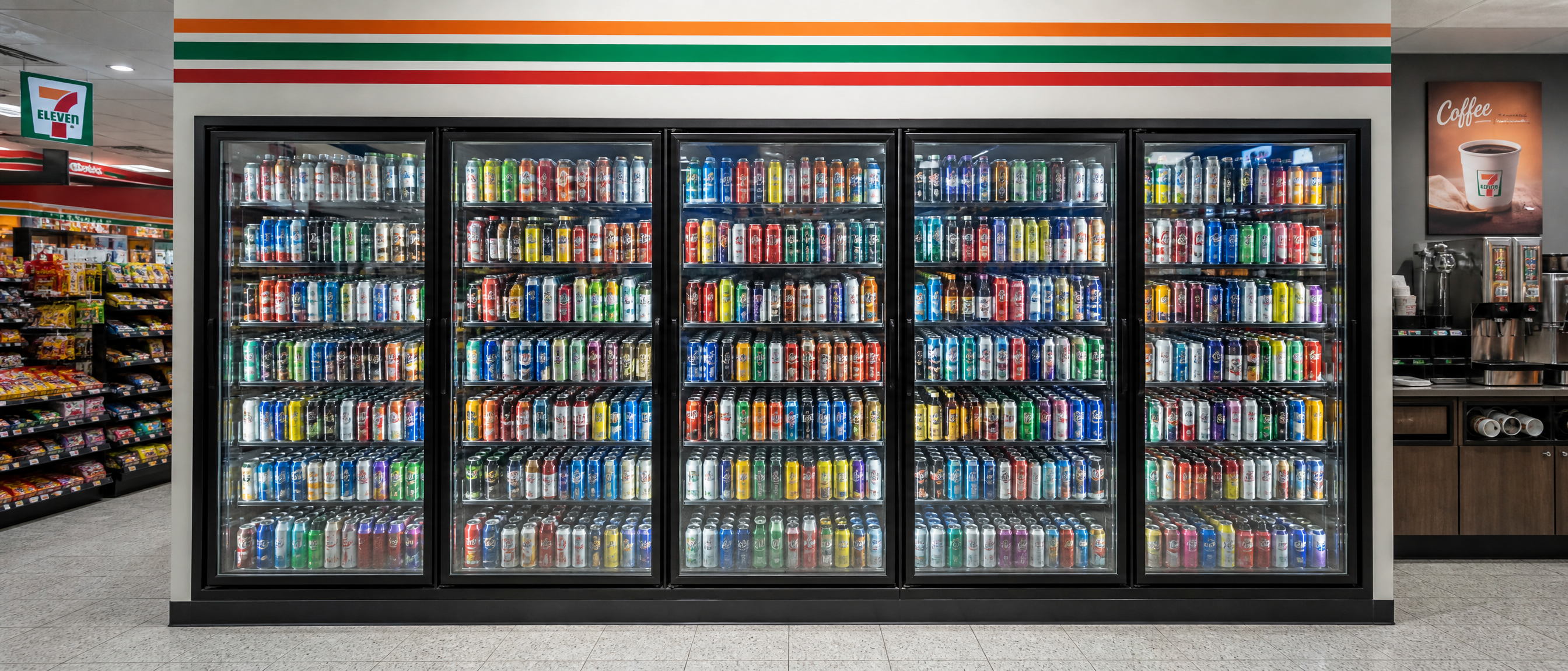 A five-door 7-Eleven cold vault stocked full but sporadically, with mixed unbranded cans and no shelf communication
