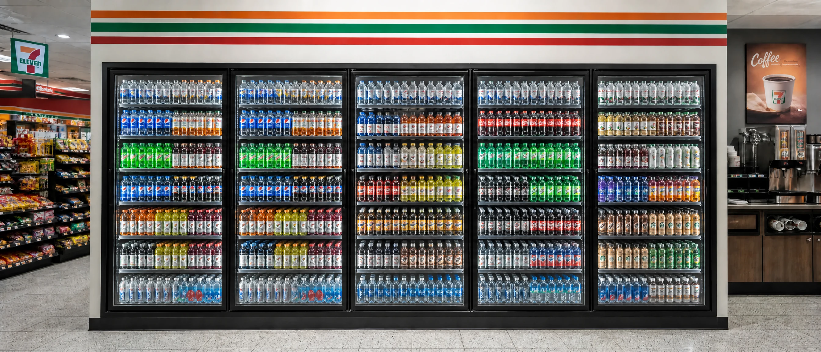 A five-door 7-Eleven cold vault stocked full but sporadically, with mixed unbranded cans and no shelf communication